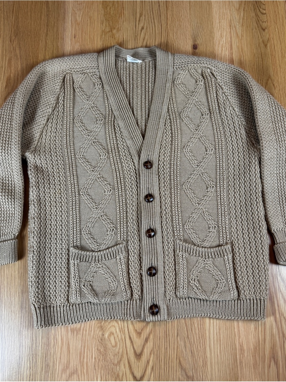 Vintage St Michael 100% Wool Taupe Cable Knit Button-Front Cardigan Sweater